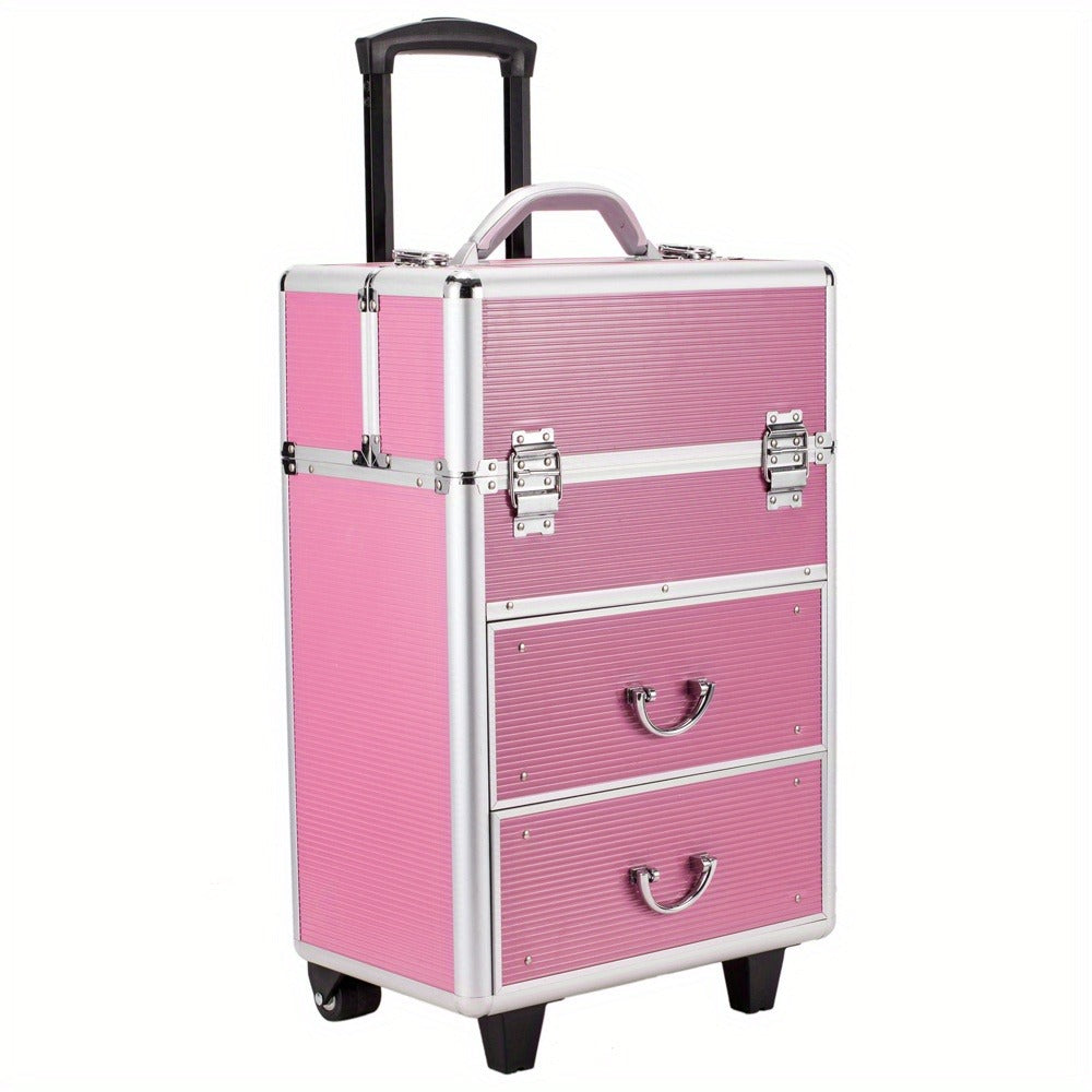Makeup Train Case 4 Tier Lockable with Extendable Trays Large Capacity Cosmetic Organizer Box for Makeup Artists Salon Professional Beauty Storage Portable Travel Case Pink