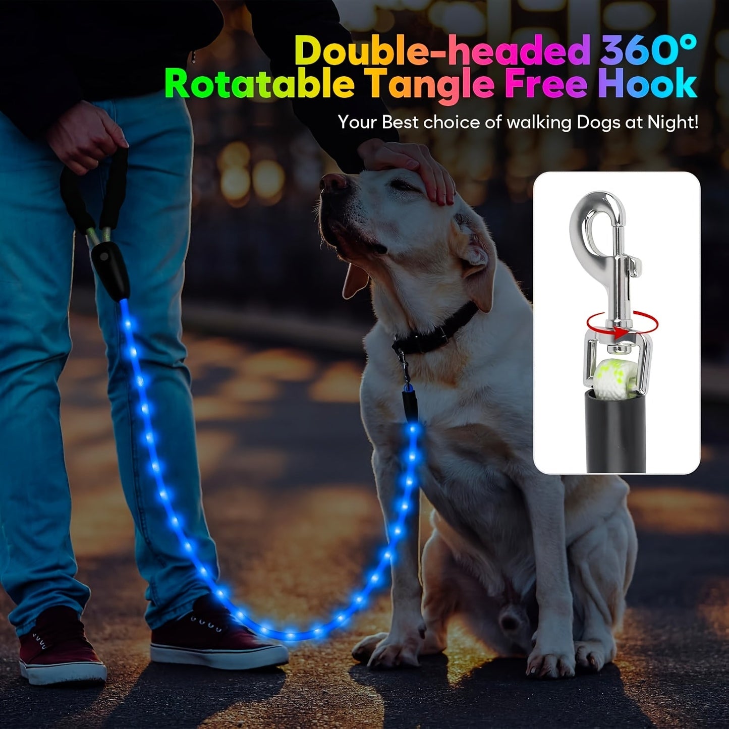 LED Dog Leash Light Up 4FT Rechargeable with 7 Lighting Modes, Glow in the Dark Reflective Double-Sided Lighted Dog Leash, Padded Handle for Night Walking Safety, Small to Large Dogs, White