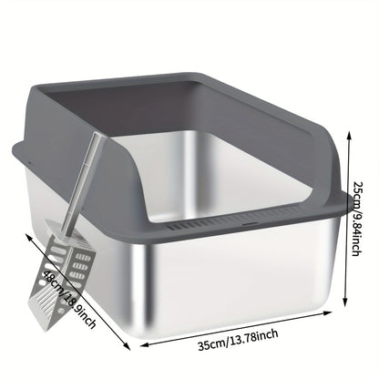 Stainless Steel Cat Litter Box with High Sides & Lid - Metal Litter Pan Anti-Leak Non-Stick Easy Clean Indoor Cat Toilet with Scoop, M & L Sizes