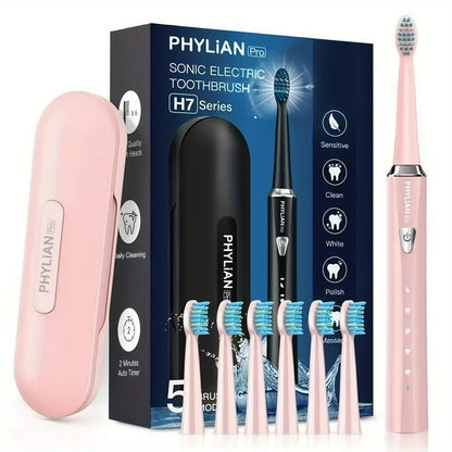 Sonic Electric Toothbrush for Adults Rechargeable – 5 Cleaning Modes 6 DuPont Brush Heads 40000 VPM 120-Day Battery 2-Minute Smart Timer Whitening Sensitive Polish Massage USB Charge Travel Ready Pink Black Purple