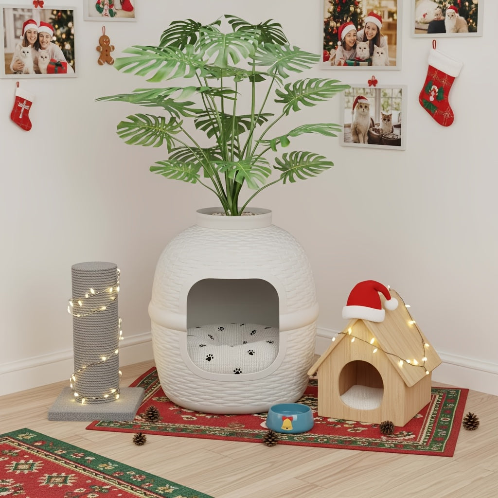 Hidden Litter Box Enclosure with Rattan Plant Design - Large Cat Litter Box Furniture, Waterproof PP, Easy Assembly, Odor Control Indoor Cat Cabinet, Off-White & Pink, Stylish Home Decor