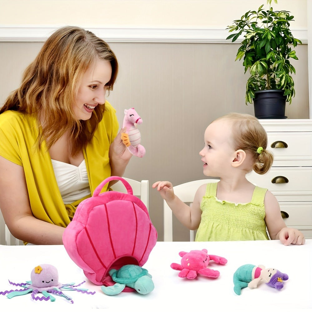 Ocean Stuffed Animal Set 5 Piece — Mermaid Turtle Octopus Seahorse Crab Sea Creature Plush Toys with Pink Shell Carrying Bag for Kids Toddlers Girls Boys | Birthday Christmas Baby Shower Gift