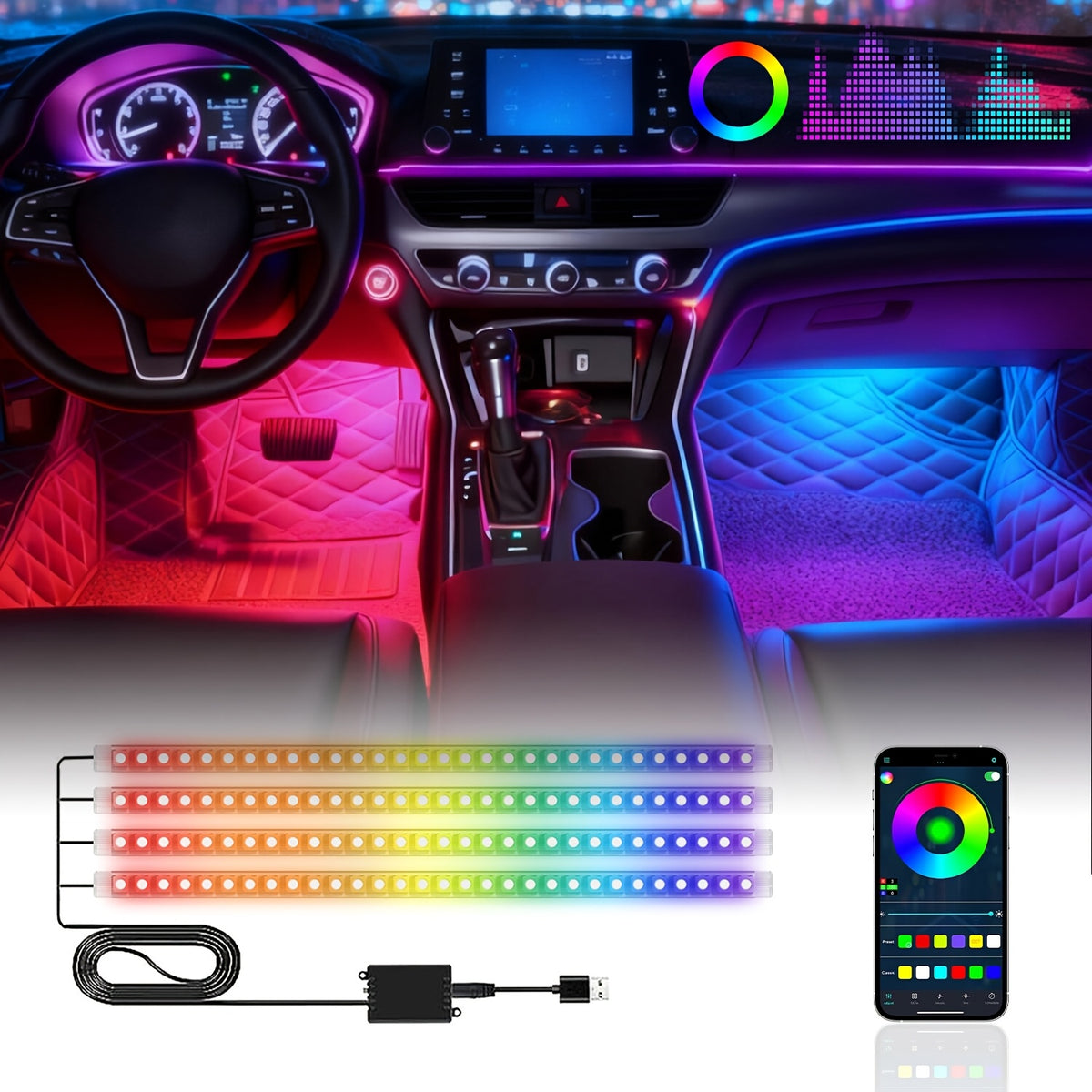 4pcs RGB LED Car Lights, 48 LEDs Interior Car Lights With Smart App Control, Multicolor Music Car Strip Light, Under Dash Lighting Kit For Car Truck SUV, Without Battery