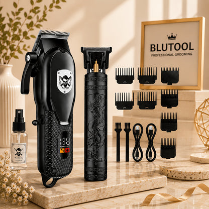 Electric Grooming Kit for Men with LCD Display - Cordless Rechargeable Hair Clipper & Trimmer Set, Home Travel & Car Use, Gift for Husband Boyfriend Dad, Black Blue