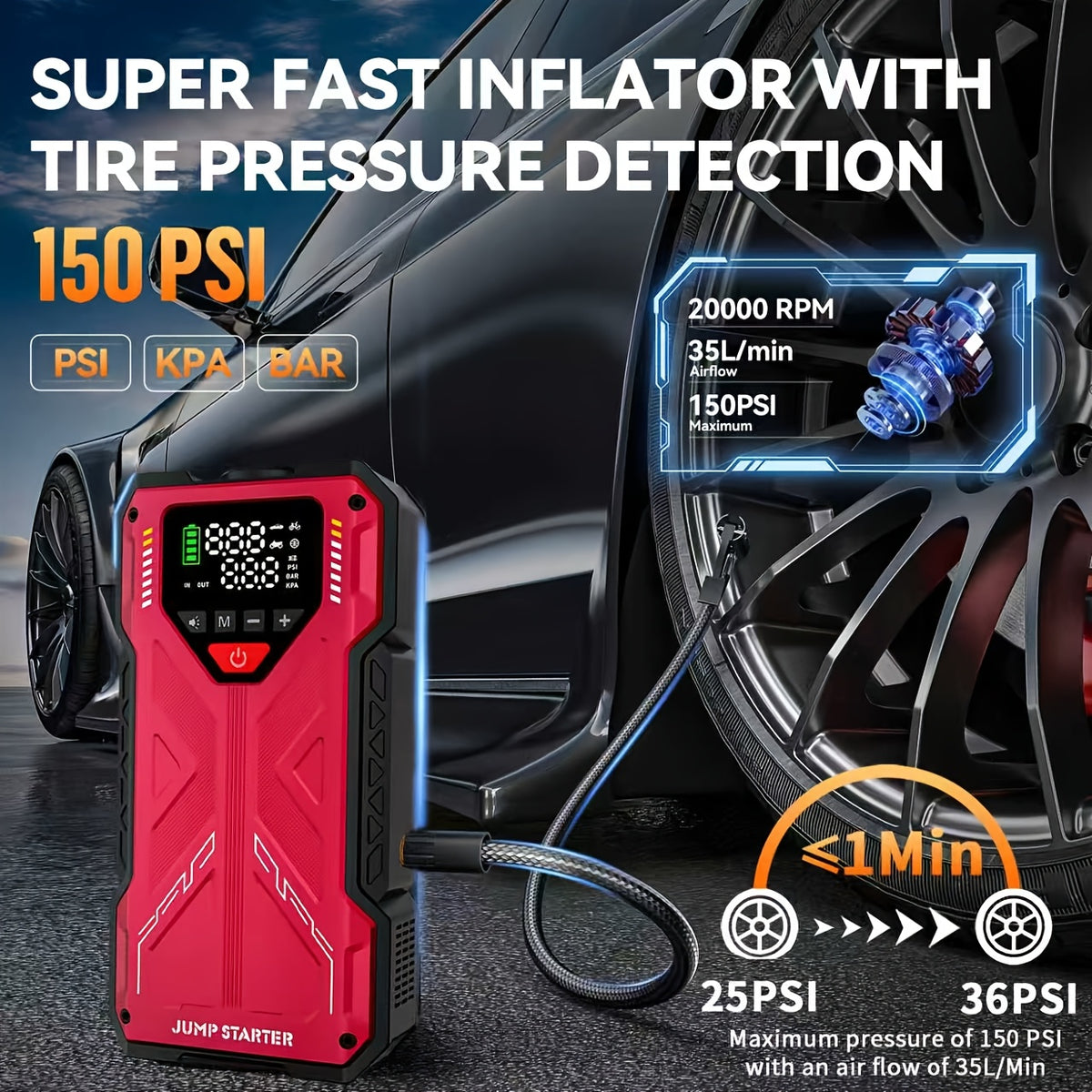 7-in-1 Portable Jump Starter With Air Compressor150PSI Digital Air Compressor, 12V Battery Booster For 2.38gal Gas/1.98gal Diesel Engines, Portable Car Jump Starter With Air Compressor, Fast Charge USB Ports & LED Emergency Light, Christmas Gifts