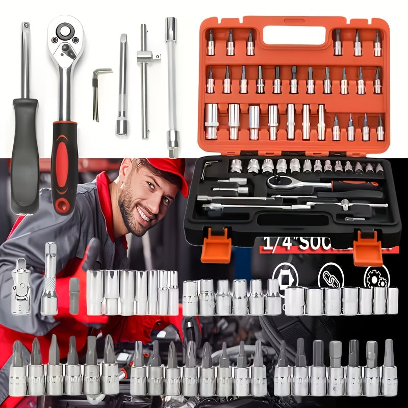 45/53pcs Tool Collection, Premium Professional Vehicle/Motorbike Repair Toolkit, 1/4 Inch Drive Deep And Standard Wrench Collection, Racing-Quality Vehicle Components Repair Ratchet Wrench And Additional Vehicle Repair Additions Toolkit
