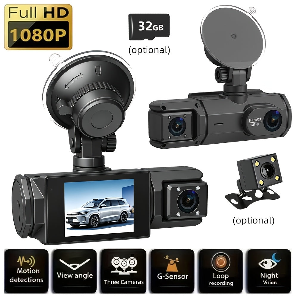 1080P Dash Cam with 2/3 Cameras Front And Built-In And Rear (Optional) Infrared Night Vision 170° Wide-Angle Lens Built-In Audio 32GB Memory Card (Optional) Wifi Connection to Smartphone (Optional) Loop Recording G-Sensor 24H Parking Monitor