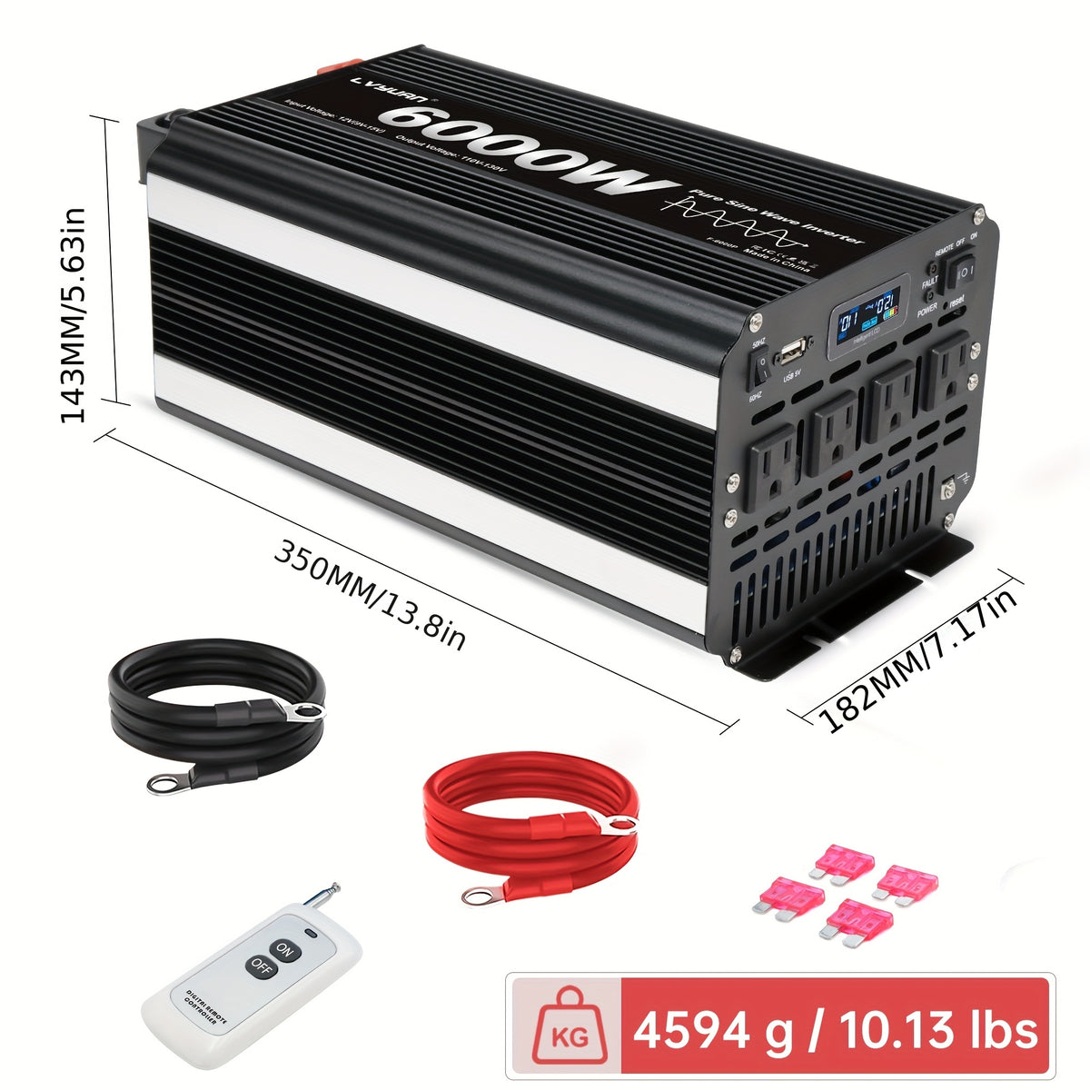 LVYUAN 6000W Pure Sine Wave Power Inverter, 1000W/2000W Pure Sine Wave Inverter, 12V to 110V AC Power Inverter with 2 US Sockets, Dual USB Ports (3.1A), for Car, Home, RV, Gift