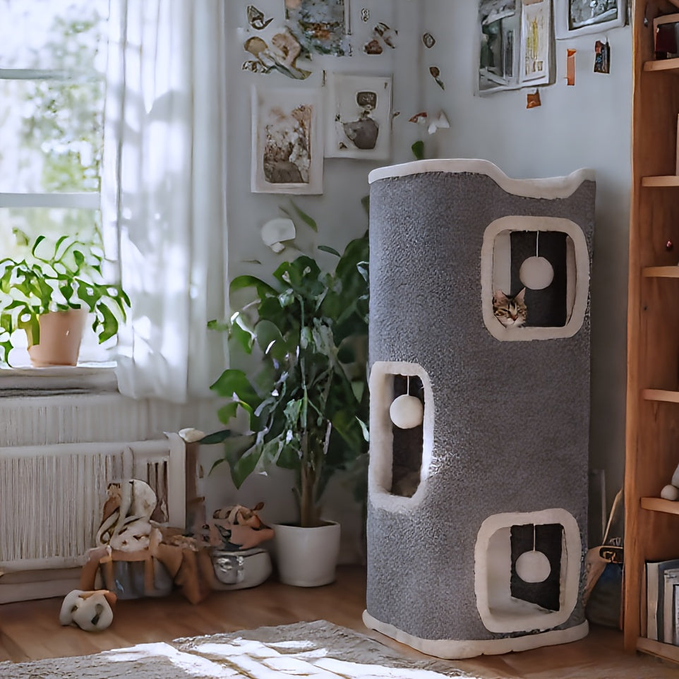 Cat Tree Tower Multi-Level Foldable - Indoor Cat House with Scratch Resistant Post, Soft Top Cat Bed, Cat Hideaway & Bell Ball Toy, 1 2 3 Layer Cat Climbing Tower for Kittens & Adult Cats, Gray