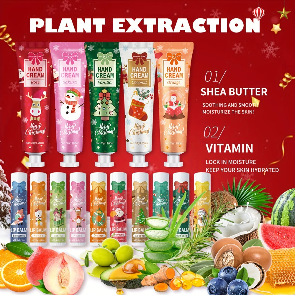 Bulk Gift Set 120 Pieces Lip Balm & Hand Cream with Red Velvet Bags & Holiday Cards — Moisturizing Party Favors for Colleagues, Employees & Friends