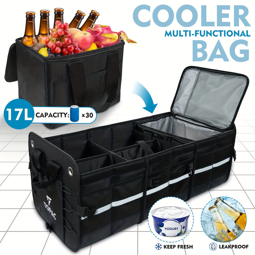 TOPAC Car Trunk Organizer with 3 Compartments with Cooler Bag, - Trunk Organizer, Foldable Trunk Organizer for SUVs & Sedans, Sturdy Car Organization for Car Accessories, Tools, Sundries, Black, 29.92*14.57*12.61"