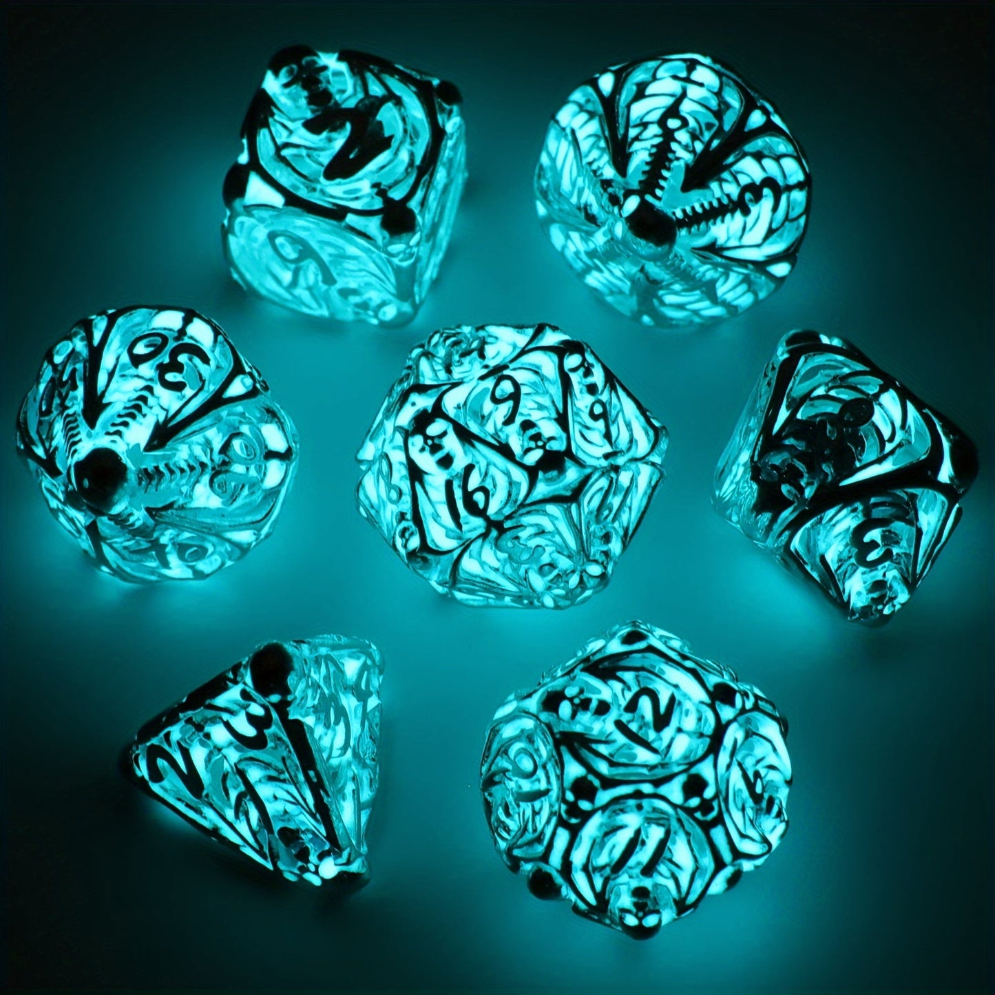 Metal Skull Dice Set 7pcs Glow in the Dark – Hollow UV Fluorescent Polyhedral DnD RPG Dice for Dungeon Masters, Skeleton Design Blue, Tabletop Gamer Gift Halloween Christmas Birthday