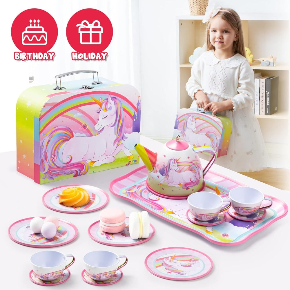 Unicorn Tea Party Set for Girls – Pretend Play Pink Tin Teapot with Cups, Plates & Carrying Case, Magical Rainbow Design, Birthday Christmas Gift for Kids Ages 3+