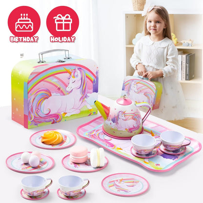 Unicorn Tea Party Set for Girls – Pretend Play Pink Tin Teapot with Cups, Plates & Carrying Case, Magical Rainbow Design, Birthday Christmas Gift for Kids Ages 3+
