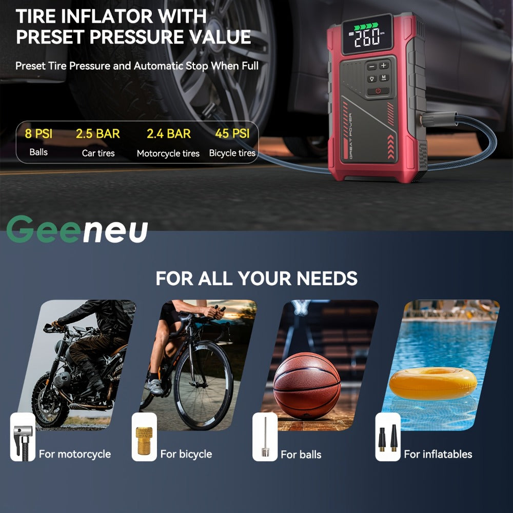 Portable Jump Starter 9-in-1 with Air Compressor – 12V Car Battery Booster for 8.0L Gas & 6.5L Diesel, USB-C, LED Emergency Light, Digital Display