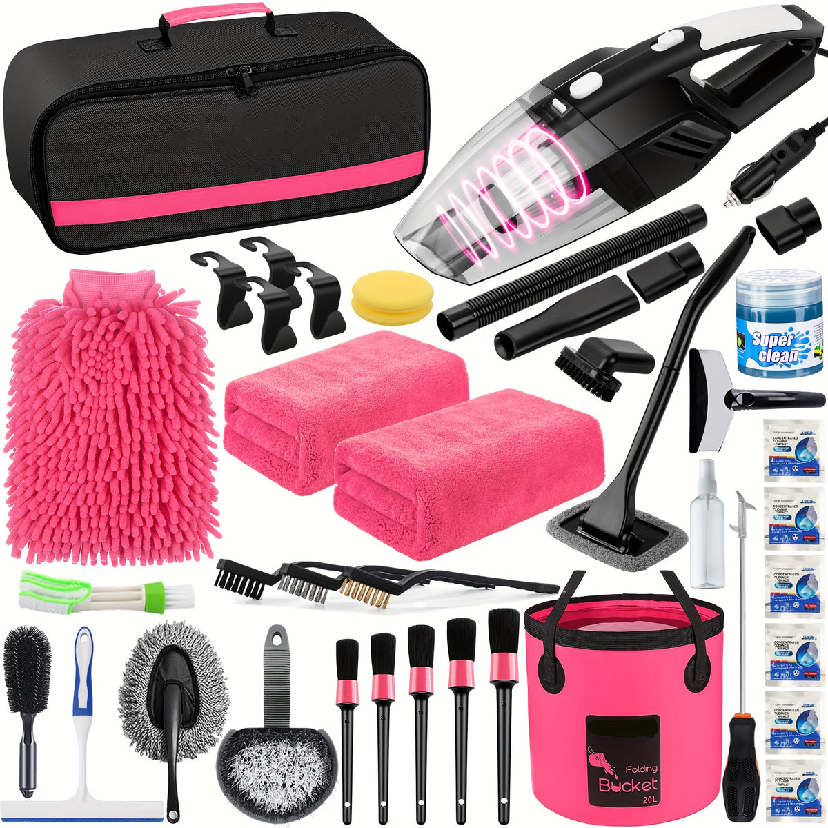 19pcs/41pcs Car Cleaning Wash Interior Detailing Cleaner with High Power Handheld Vacuum, Collapsible Bucket, Windshield Tool, Clean Snow Shovel, Tire Brush, Complete Car Care Tools