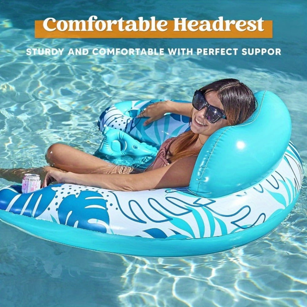 Inflatable Pool Chair 2-Pack for Adults – Leaf Print Blow Up Floating Chairs with Cup Holders & Water Balloons, Hammock Noodle Mat Float Set for Pool Beach Lake, Summer Party Gift (Blue & Pink)