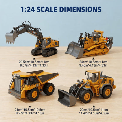 RC Construction Vehicle Set 2.4G 11-Channel Remote Control Excavator Dump Truck Bulldozer | 1:24 & 1:64 Alloy Engineering Toy | 2-in-1, 3-in-1, 4-in-1 Kit for Kids Adults