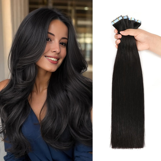 Tape In Hair Extensions Human Hair Straight Natural Black 1B Seamless Skin Weft 10pcs 30g 16 20 22 24 Inch Invisible Blend for Volume & Length Women