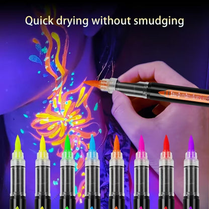 Face Body Paint Pen Set 8 Colors with 105 Tattoo Stencils – Glow in the Dark Neon UV Blacklight Face Paint Kit Easy Apply & Remove for Halloween Party Festival Cosplay Stage