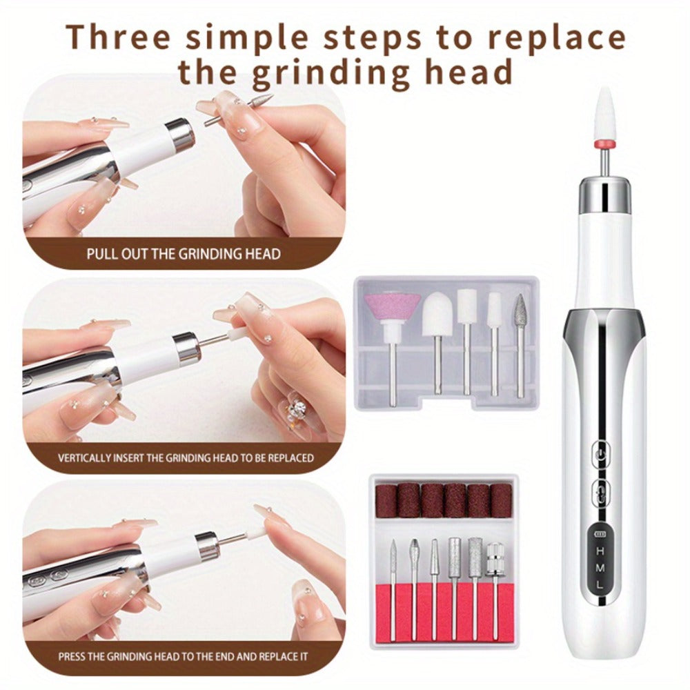 Electric Nail Drill Cordless USB Rechargeable 12 Bits Sanding Bands Manicure Pedicure Kit Low Noise Portable Pen Style Home Salon Beginner Professional Golden White
