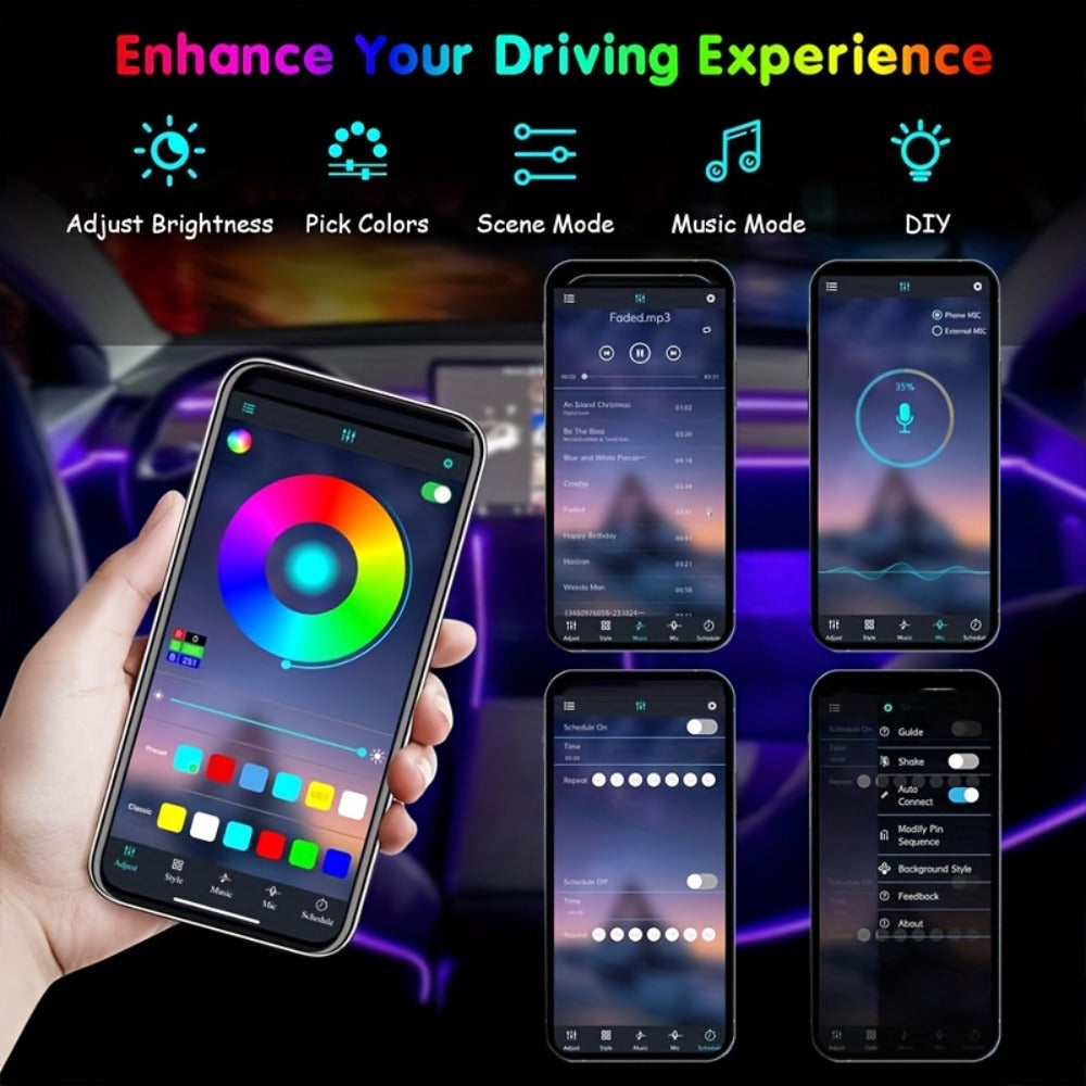 RGB Car Interior Ambient Lights LED Strip 8-Color App Control Music Sync Dashboard Door Console Neon Lighting Kit for Tesla Truck SUV Off-Road, USB 5V Plug-and-Play Car Decor Accessories