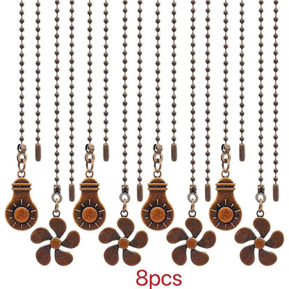 Ceiling Fan Pull Chain Extension Set of 8 - Decorative Bead Chain Pull Cord with Five-Leaf & Bulb Pendants, Iron Chain & Zinc Alloy, Bronze, Black, White, Red, Multi-Color, No Batteries Required