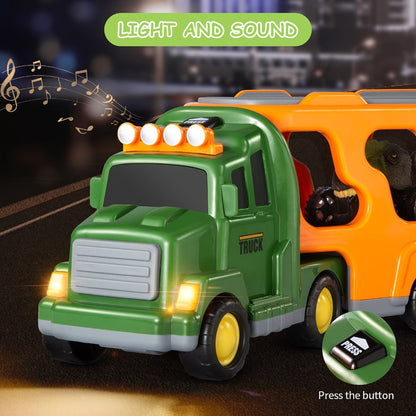 Push-Action Dinosaur Truck Toy 7-in-1 for Kids Ages 3-5 with 3 Dino Figures & 3 Mini Cars – Friction Vehicle LED Lights & Roaring Sound Effects Monster Dino Car Birthday Christmas Gift Boys