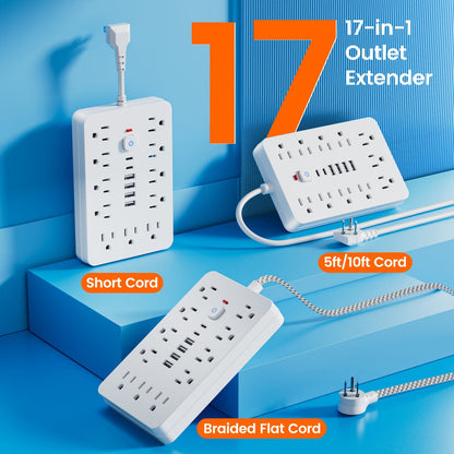 Extension Cord Power Strip with USB Ports 11 AC Outlets 4 USB-A 2 USB-C Surge Protector Overload Protection Short Cord 5FT 10FT for Home Office Study School Desk Charging Station White Black