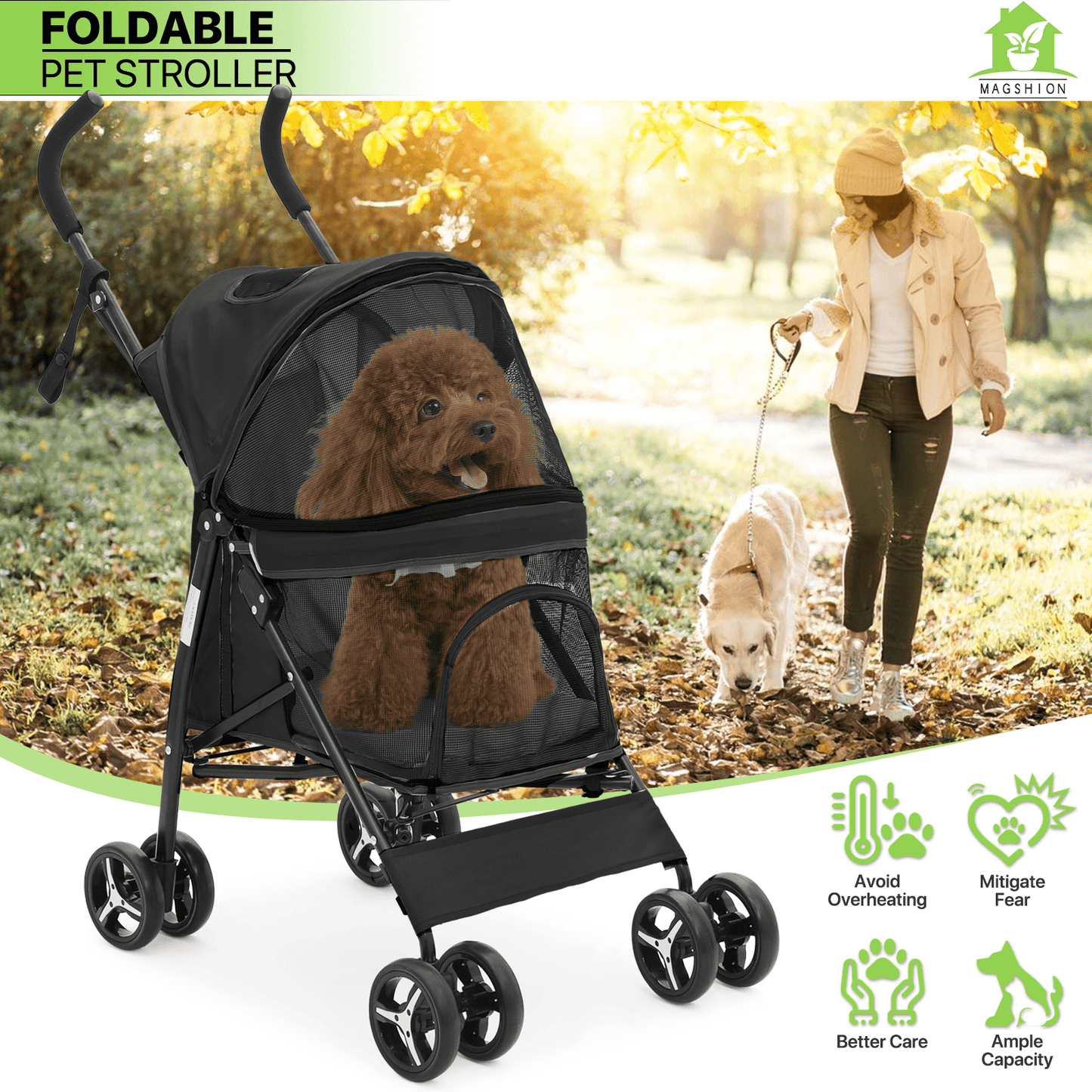 Pet Dog Cat Stroller with 4 Wheels - Foldable Jogger Pet Stroller for Small Medium Dogs & Cats up to 33 lbs, Breathable Mesh Windows, 360° Swivel Wheels, Cup Holder & Storage Basket, 10 Colors