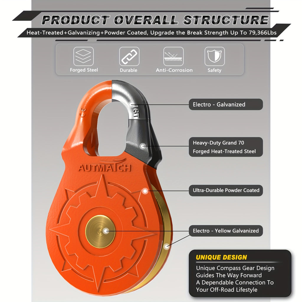 AUTMATCH 18 Ton Heavy-Duty Winch Snatch Block - 79,366 lbs Break Strength Forged Steel Pulley System, Galvanized & Powder Coated Off-Road Recovery Block for Truck, UTV, ATV, 4WD - Steel/Synthetic Cable Compatible (Multi-Color Options)