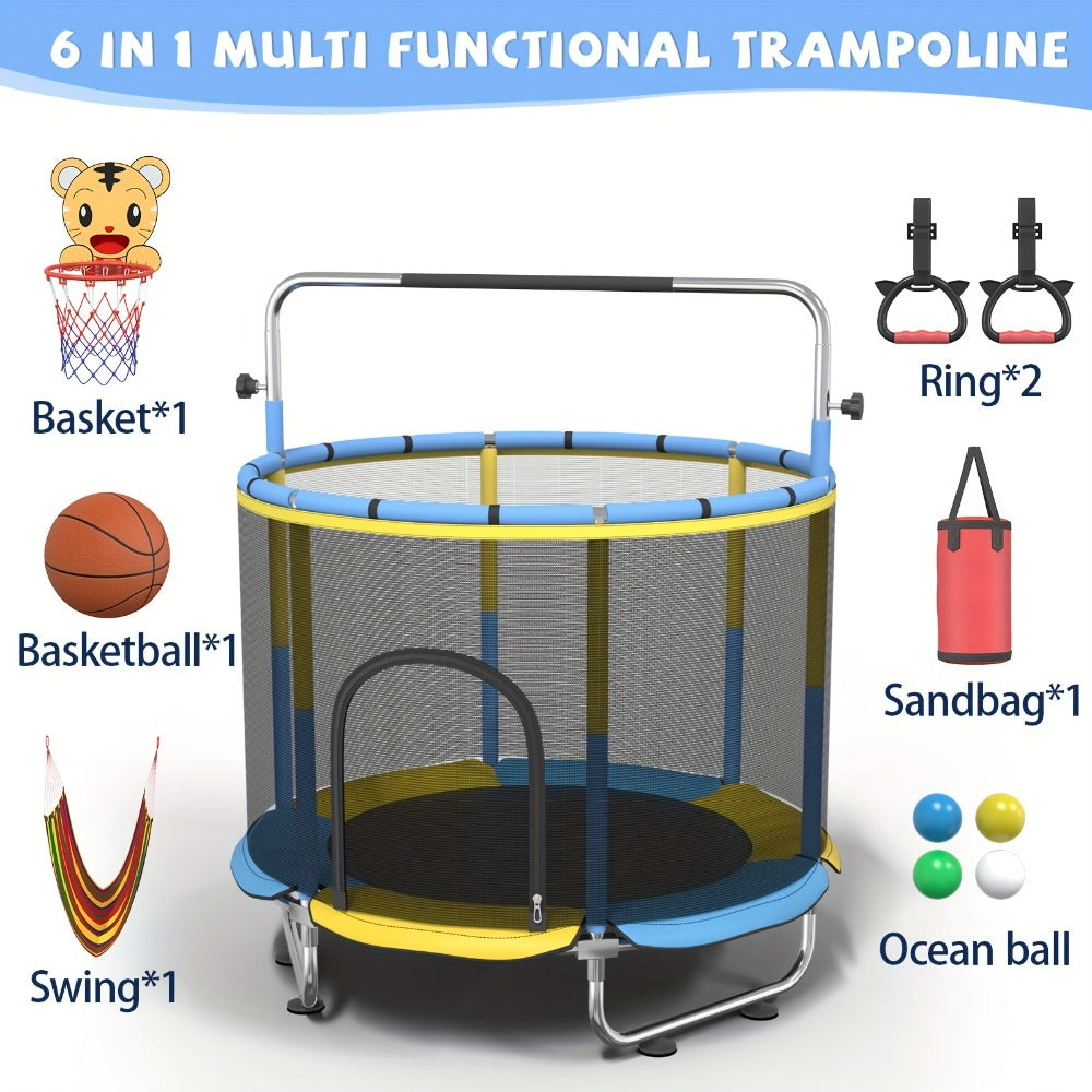 Kids Trampoline with Enclosure and Gymnastics Bar – 60" Height Adjustable Safety Net Trampoline for Toddlers Ages 3+, Indoor Outdoor Active Play with Toys Included | Best Birthday Gift