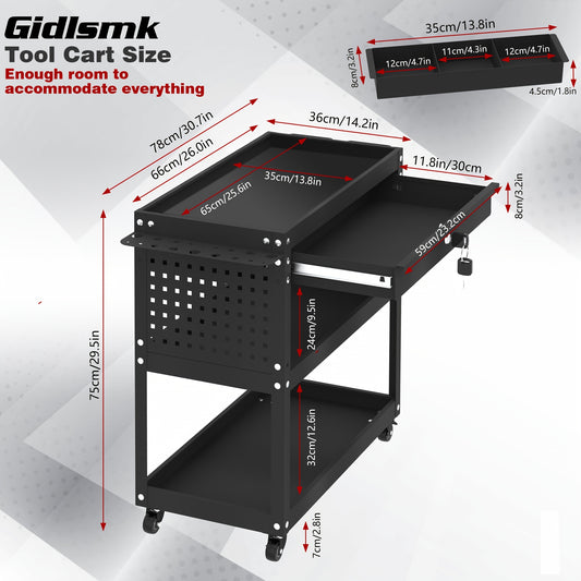 Three-Layer Rolling Tool Cart, Mechanical Tool Cart Wheels, Industrial Practical Trolley with Drawers And Screw Boxes, with Storage Garage, Warehouse And Repair Shop, Miscellaneous Storage Rack