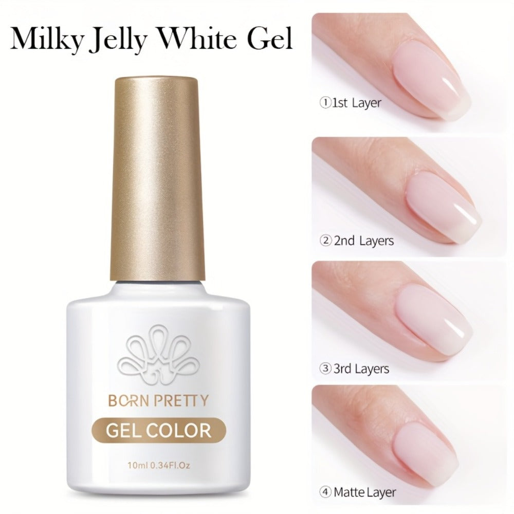 Jelly Gel Nail Polish Translucent 10ml – Glass Nail Look, 30-Day Soak-Off Semi-Permanent UV LED, Milky White Snow Glitter Pink Nude Shades, Buildable Salon Quality for Women