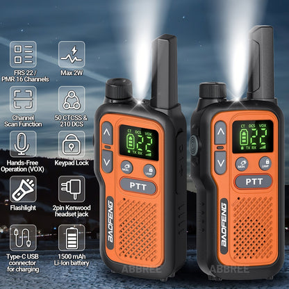 Long Range Walkie Talkies for Adults, BAOFENG 22 FRS Channels LCD Display VOX Hands-Free, USB-C Rechargeable Li-ion Battery, 2-3 Mile Range, for Hiking Camping Family Outdoor Emergency