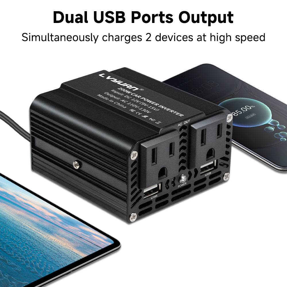 LVYUAN 200W Power Inverter for Vehicles DC 12V to 110V AC Car Plug Adapter Outlet Converter with 2 USB Fast Charging Ports and 2 AC Outlets Car Charger Adapter