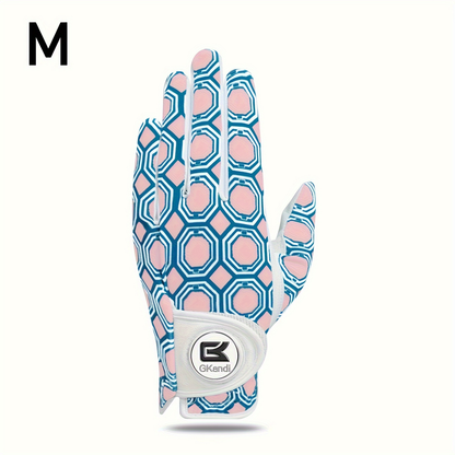 Women's Golf Gloves Left Hand with Ball Marker – All-Weather Grip Leather Golf Glove for Ladies Right-Handed Golfers, Colorful Design, Sizes S M L – Pink & Blue