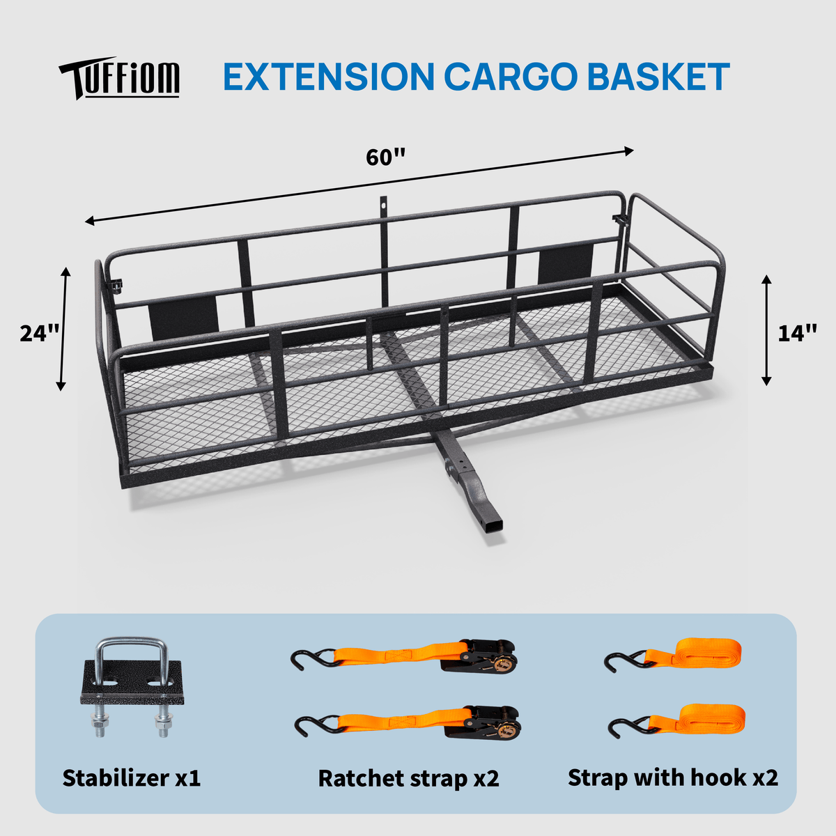 60" L x 20/24" W x 6" H Hitch Mount Cargo Carrier Folding Rack, 500lbs Heavy Duty Trailer Steel Luggage Basket with Waterproof Cargo Bag, Straps, Net & Stabilizer for Camping Travel