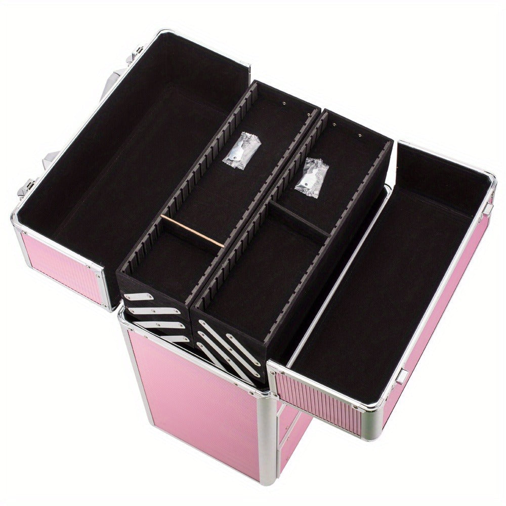 Makeup Train Case 4 Tier Lockable with Extendable Trays Large Capacity Cosmetic Organizer Box for Makeup Artists Salon Professional Beauty Storage Portable Travel Case Pink
