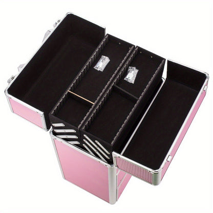 Makeup Train Case 4 Tier Lockable with Extendable Trays Large Capacity Cosmetic Organizer Box for Makeup Artists Salon Professional Beauty Storage Portable Travel Case Pink