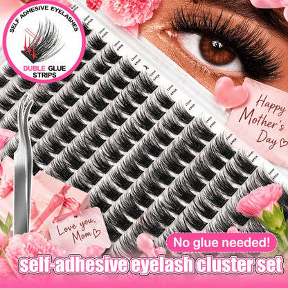 Invisible 2-Strip Tape Lash Clusters 156Pcs — Pre-Glued Self-Adhesive Eyelash Extensions, No Glue No Sticky Residue, Volume Mixed Longer-Lasting DIY Cluster Lashes for Women Sensitive Eyes