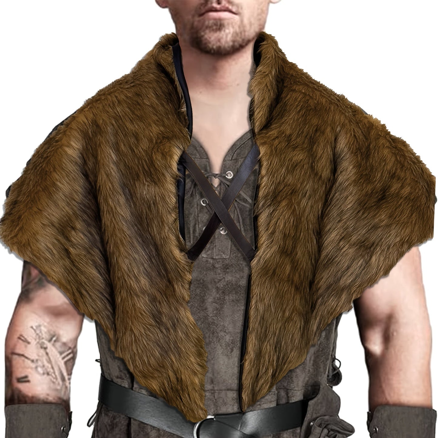 Viking Wolf Fur Cloak & Medieval Mantle with Crossed Chest Straps – Faux Fur Shoulder Wrap for Men & Women, Halloween LARP Cosplay Renaissance Fair Norse Warrior Costume, Brown