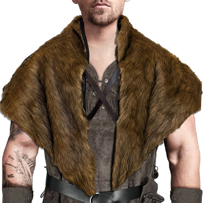 Viking Wolf Fur Cloak & Medieval Mantle with Crossed Chest Straps – Faux Fur Shoulder Wrap for Men & Women, Halloween LARP Cosplay Renaissance Fair Norse Warrior Costume, Brown