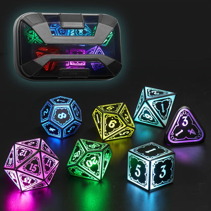 RGB LED DND Dice Set Rechargeable 7pcs – Illuminated Polyhedral Dice with Type-C Charging Case for D&D RPG Tabletop Games, Astral Shard Black, Glow in Dark Gift for Gamers