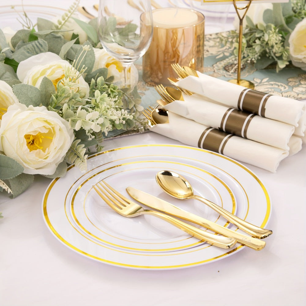 Gold Plastic Plates Disposable Dinnerware Set 350pcs – 50 Dinner Plates, 50 Dessert Plates, 50 Gold Rim 9oz Cups & 50 Gold Cutlery Sets | Elegant Party Tableware for Wedding, Birthday & Holiday Events