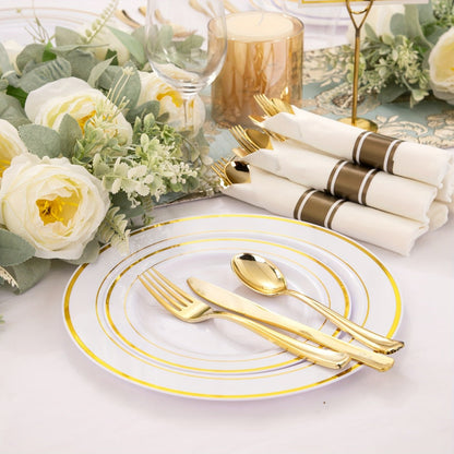 Gold Plastic Plates Disposable Dinnerware Set 350pcs – 50 Dinner Plates, 50 Dessert Plates, 50 Gold Rim 9oz Cups & 50 Gold Cutlery Sets | Elegant Party Tableware for Wedding, Birthday & Holiday Events