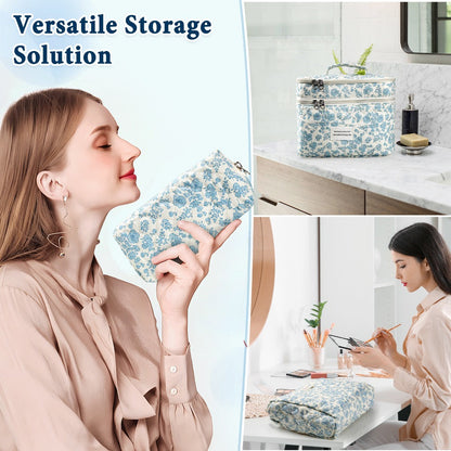 Quilted Floral Makeup Bag Set 3PCS Large Capacity Dual Layer Cotton Cosmetic Bags Coquette Aesthetic Travel Toiletry Organizer Gift for Women Girls Blue Rose Pink