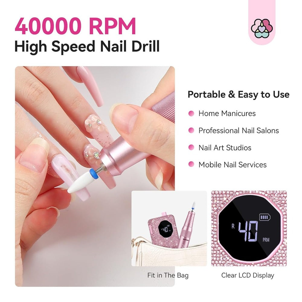 Electric Nail Drill 40000 RPM Rechargeable Professional Nail Drill Machine 4000mAh Battery LCD Display Ceramic Bits Sanding Bands for Acrylic Gel Nails Salon Home Use