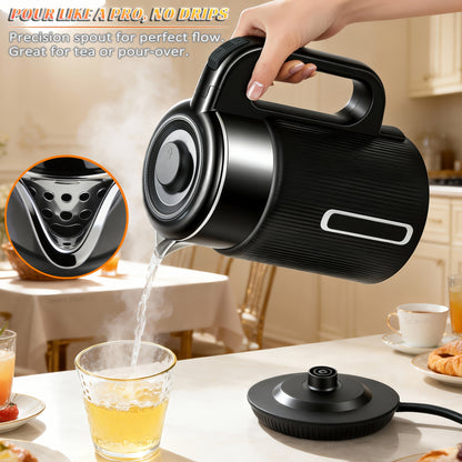 Electric Kettle 1000W Double Wall Stainless Steel – 57.48oz 304 SS Hot Water Kettle with 360° Rotary Base, LED Light, Auto Shut-Off & Boil-Dry Protection, Instant Water Warmer for Coffee & Tea – Black