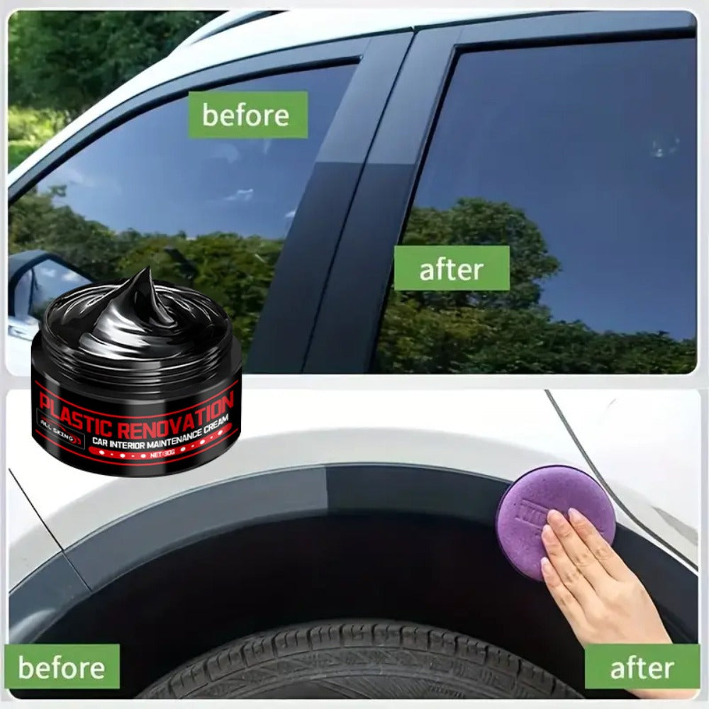 Car Plastic Restorer & Black Interior Trim Polish - Scratch Repair Paste, Anti-Aging Refurbishment Wax for Dashboard, Bumper, Tire Shine & Leather Seat Care, Works on All Car Interiors & Exteriors (30g + Sponge)
